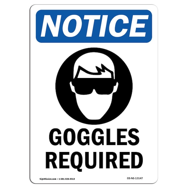OSHA Sign, Goggles Required With Symbol, 5in X 3.5in Decal, 10PK, 3.5" W, 5" H, Portrait, PK10